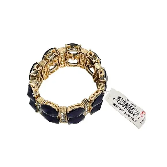 Gold Tone Clear Rhinestone And Purple Rivoli Stretch Bracelet (6243) - Picture 4 of 7